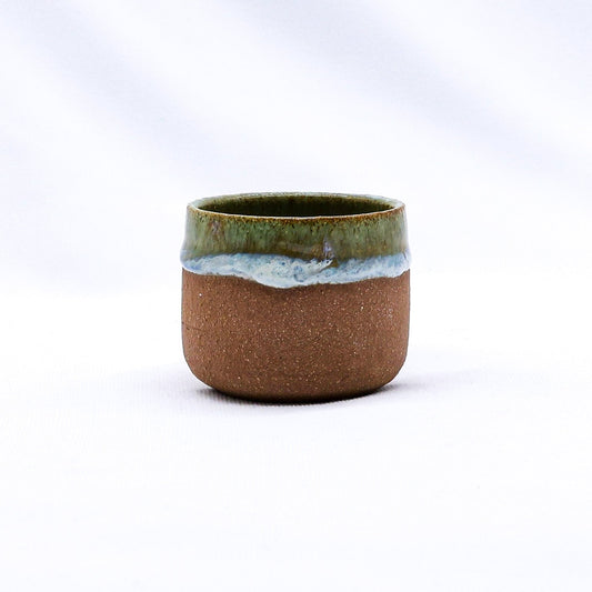 Handmade Bluverde Picollo ceramic terra stoneware espresso mug by Ribera Handmade Ceramics, showing a textured blue and earthy-toned finish.