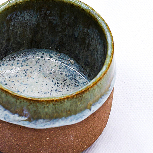 Handmade ceramic Terra stoneware espresso mug by Ribera Handmade Ceramics with a blue Picollo design and rustic finish.