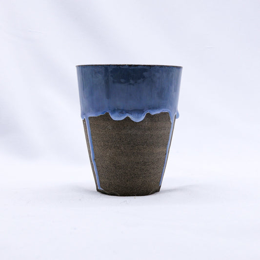 Handmade Blulume Quadra ceramic tall cup by Ribera Handmade Ceramics, featuring a blue and smoked grey stoneware finish.