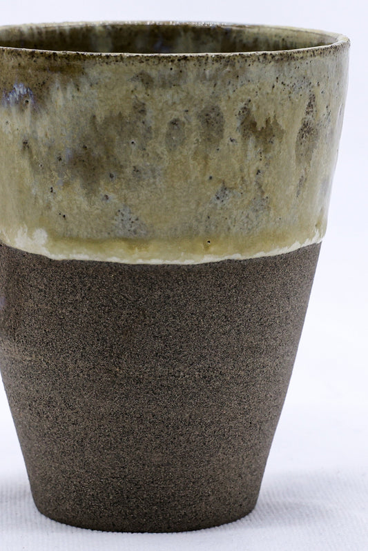 Tall ceramic cup by Ribera Handmade Ceramics, TerraBlu Quadra series, smoked grey stoneware with a handmade finish.