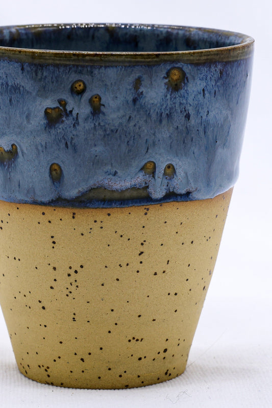 Ribera Handmade Ceramics Bluvio Quadra stoneware ceramic mug with geometric patterns on a white background.