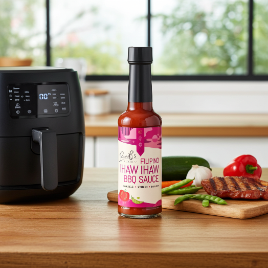 Filipino-style Ihaw Ihaw BBQ sauce from RoniBs Kitchen, shown in a bottle with an air fryer in a home kitchen setting.