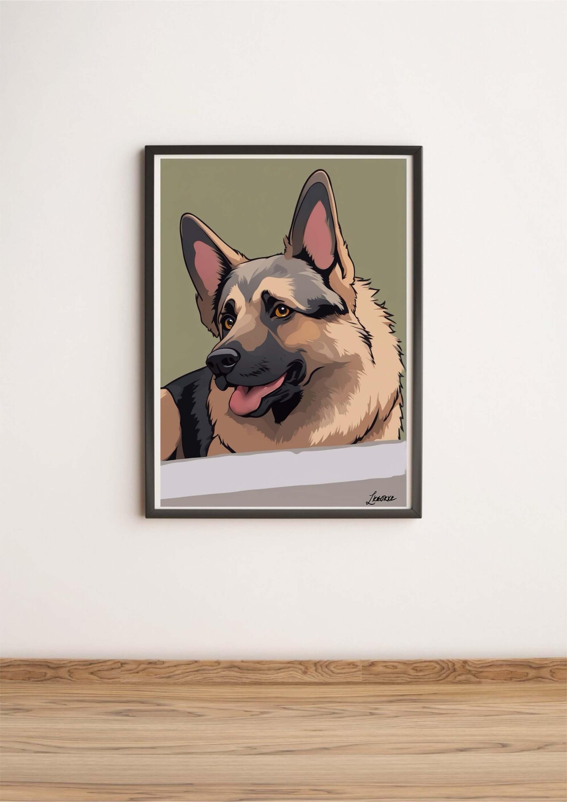 Colorful cartoon German Shepherd print by KEOLIX featuring a playful dog illustration on paper artwork.