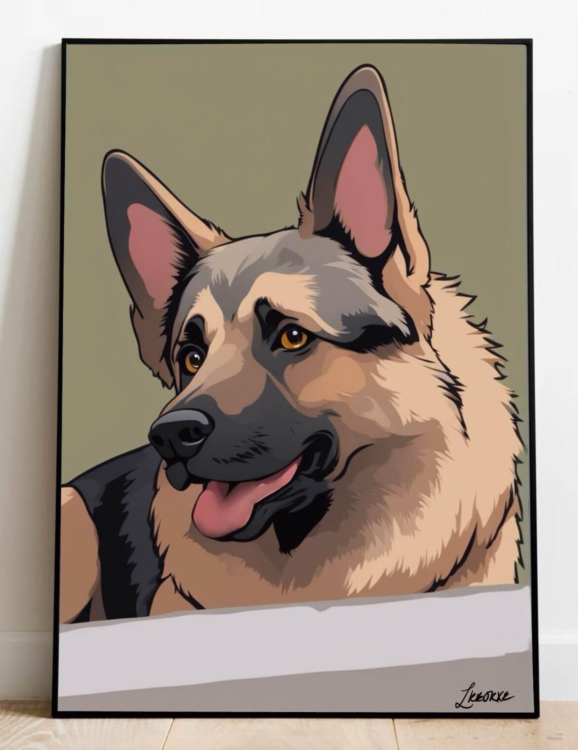 Colorful German Shepherd cartoon print by KEOLIX featuring a playful illustrated dog on white background.