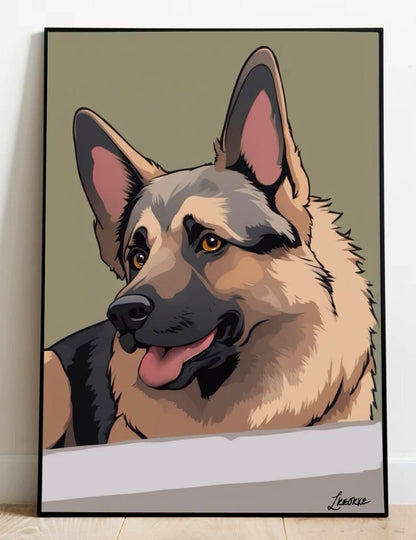 Colorful German Shepherd cartoon print by KEOLIX featuring a playful illustrated dog on white background.