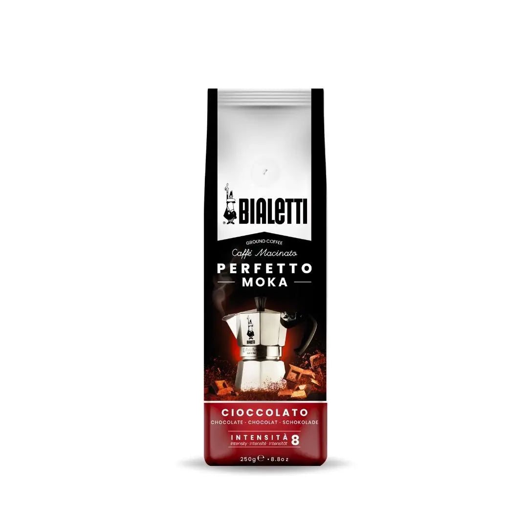 Bialetti Perfetto Moka stovetop coffee grounds in a bag, Brew Italia brand, with an image of intense moka coffee grounds.