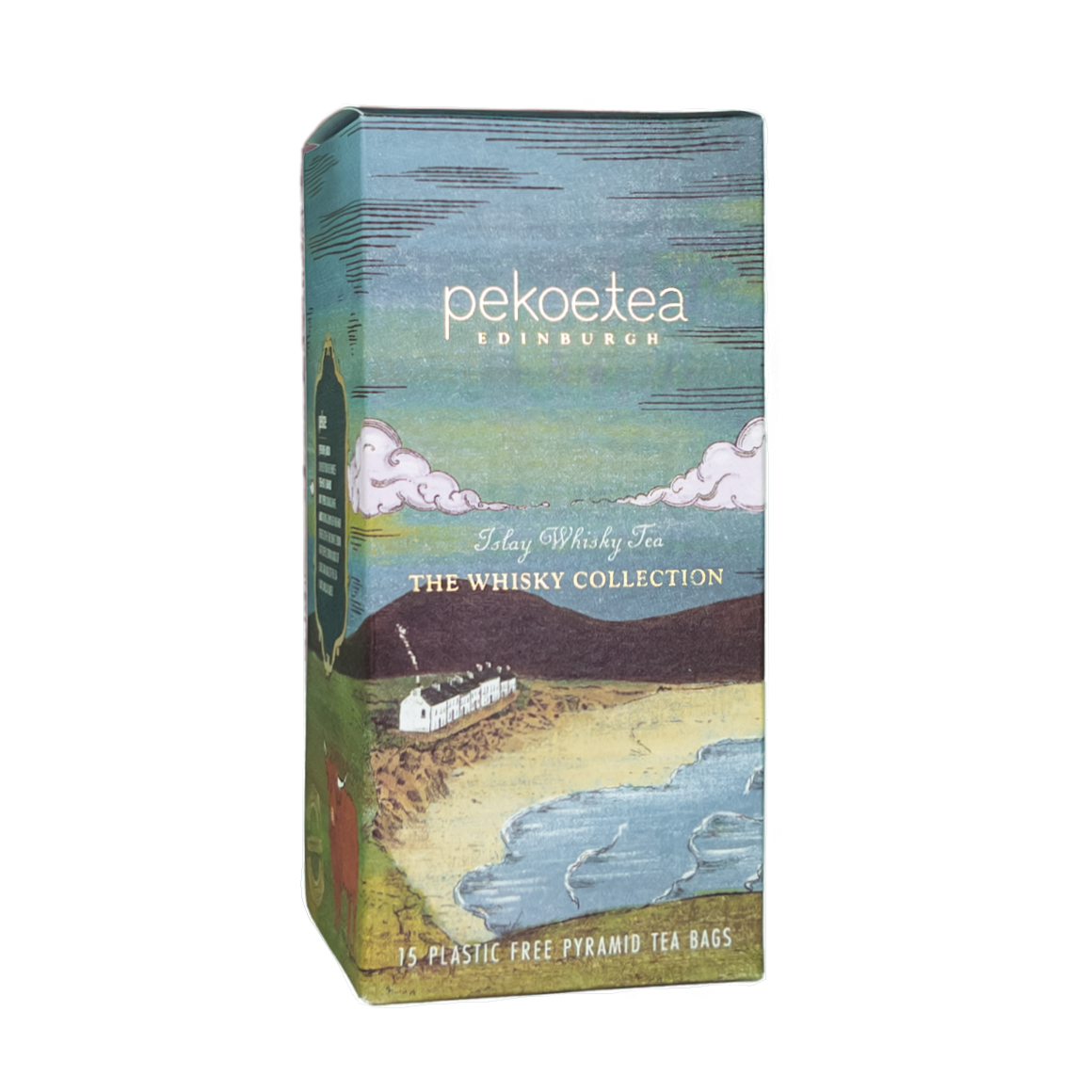 Box of PekoeTea Edinburgh Whisky Tea Islay Blend tea bags with Scottish-themed packaging.