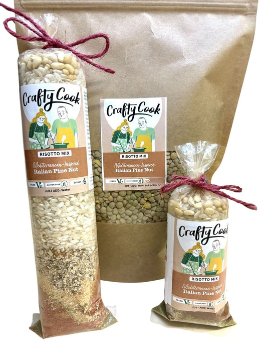 Creamy Italian pine nut risotto mix by Crafty Cook, featuring a bowl of prepared risotto with pine nuts and fresh herbs.