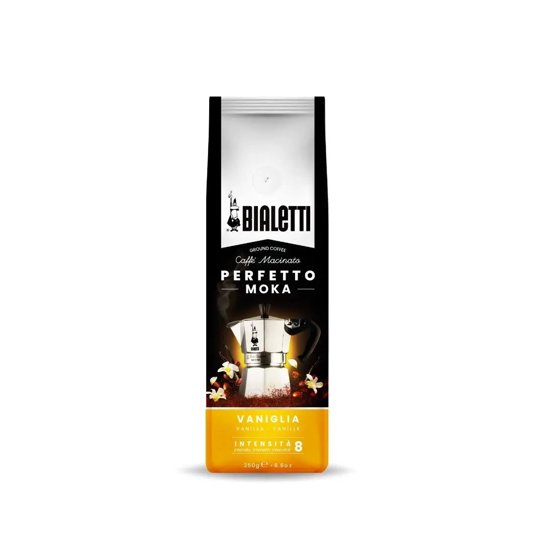 Bialetti Perfetto Moka stovetop coffee by Brew Italia, Italian-ground coffee with vanilla flavor in a bag.