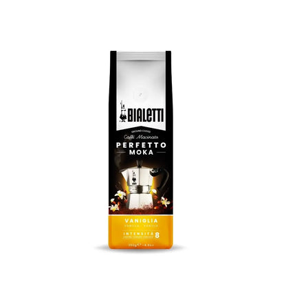 Bialetti Perfetto Moka stovetop coffee by Brew Italia, Italian-ground coffee with vanilla flavor in a bag.