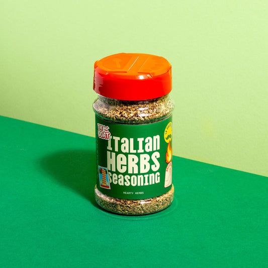 Italian Herbs Seasoning in a 45g shaker by The GOAT Seasoning Blends, featuring Mediterranean herbs in a colorful jar.