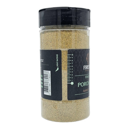 Italian Porchetta BBQ Rub by FireFly Barbecue, close-up of the spice blend in a jar with herbs and seasonings visible.