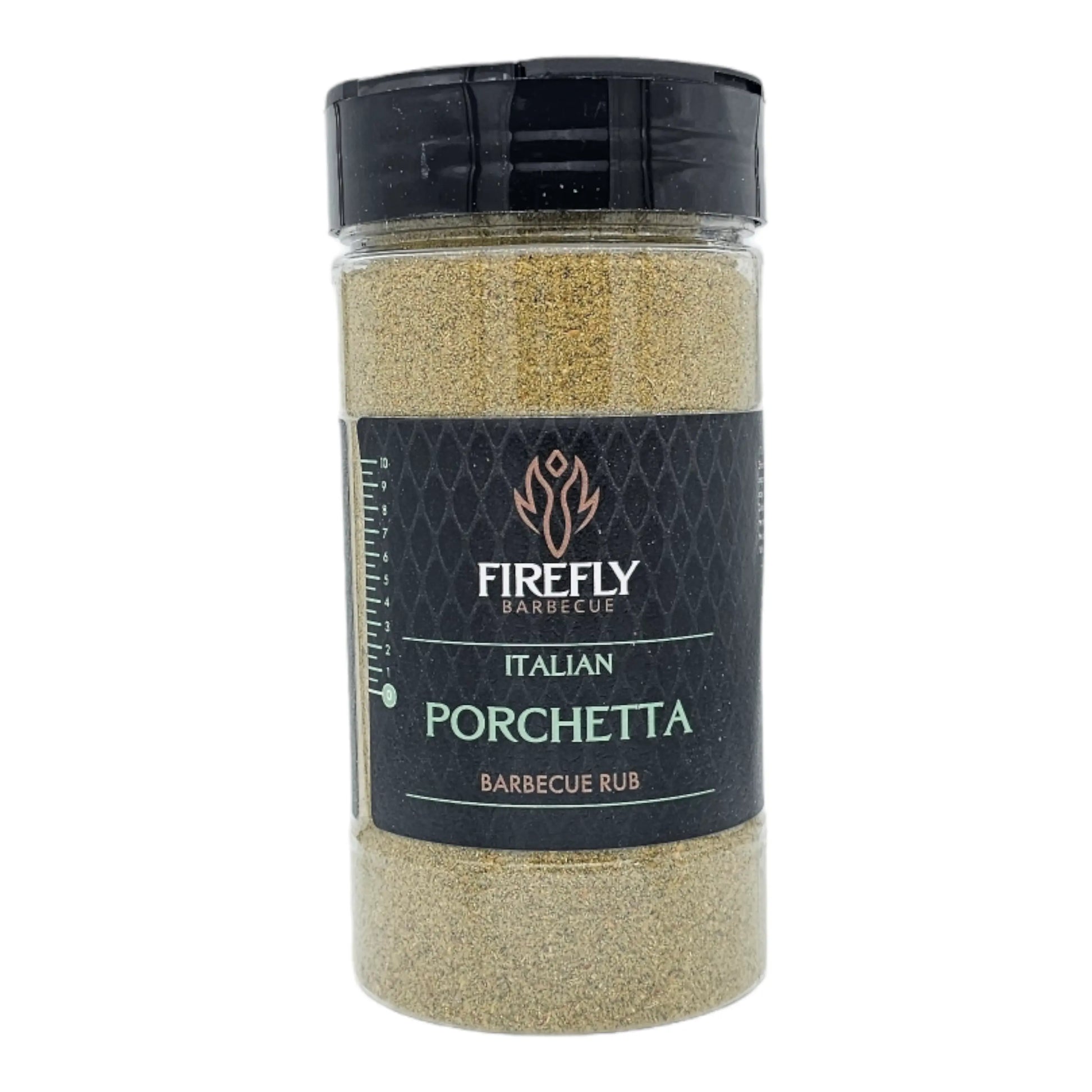 Italian Porchetta BBQ Rub by FireFly Barbecue, close-up of the flavorful spice blend in a jar for grilling and roasting.
