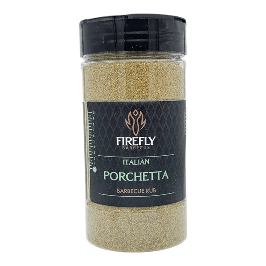 Italian Porchetta BBQ Rub by FireFly Barbecue, close-up of the flavorful spice blend in a jar for grilling and roasting.