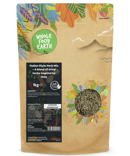 Organic Italian herb mix by Whole Food Earth, dried blend of Italian herbs and spices in a 1kg package, ready for cooking.
