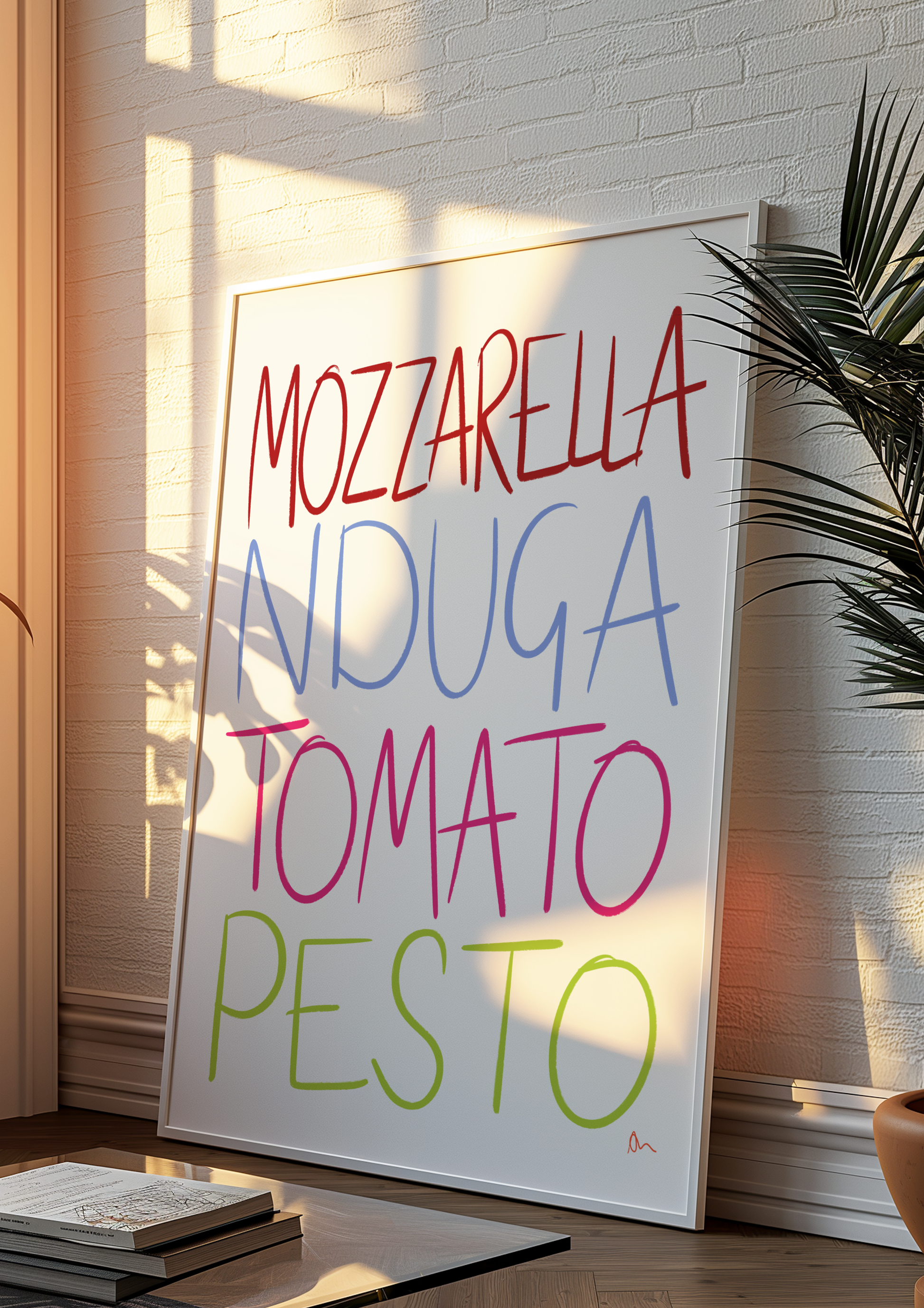 Italian Lovers kitchen wall art print by Peak Prints featuring humorous illustrations of classic Italian ingredients.
