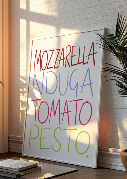 Italian Lovers kitchen wall art print by Peak Prints featuring humorous illustrations of classic Italian ingredients.
