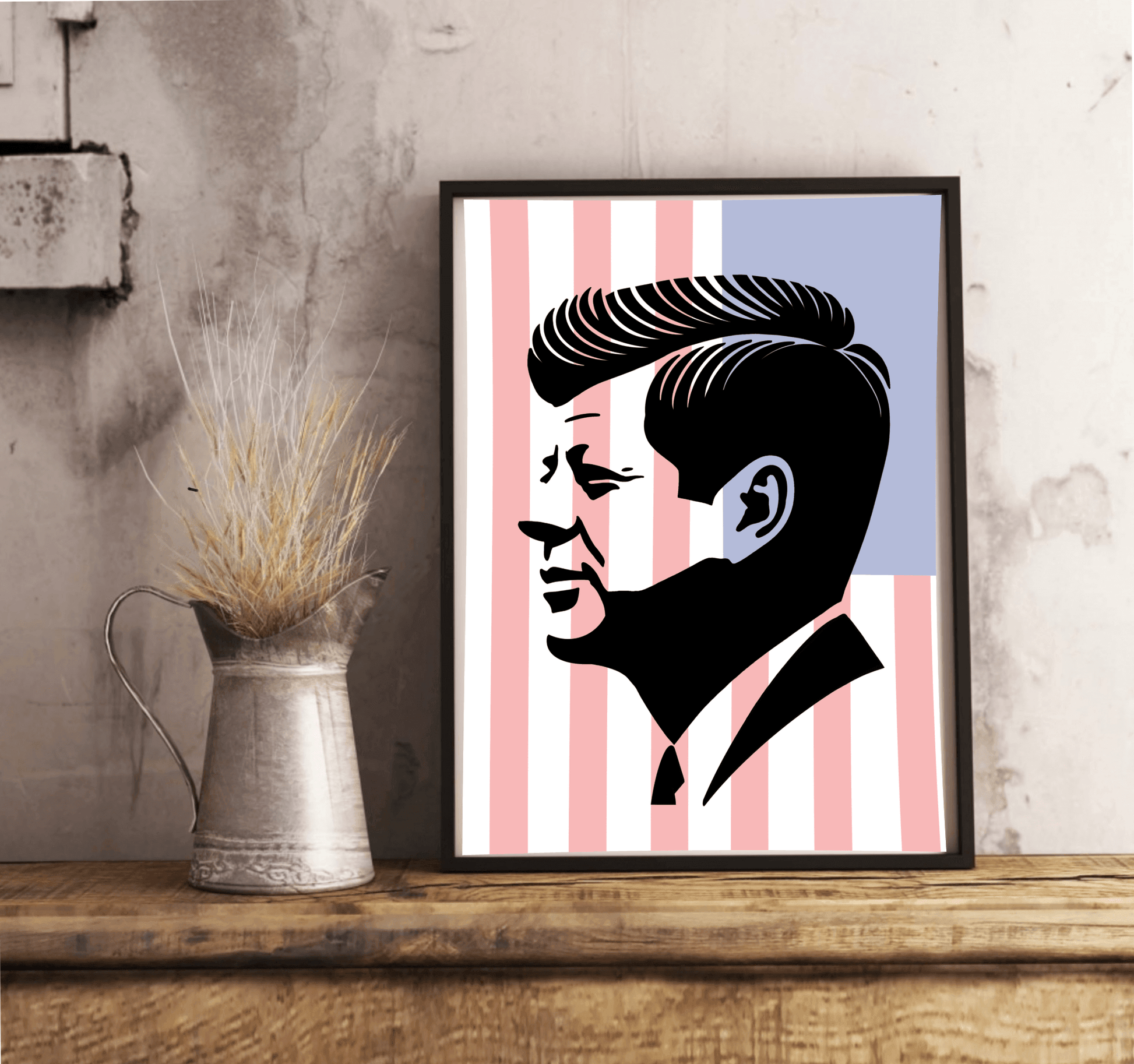 Patriotic silhouette print of JFK by KEOLIX, featuring a black and white portrait with American flag elements in the background.
