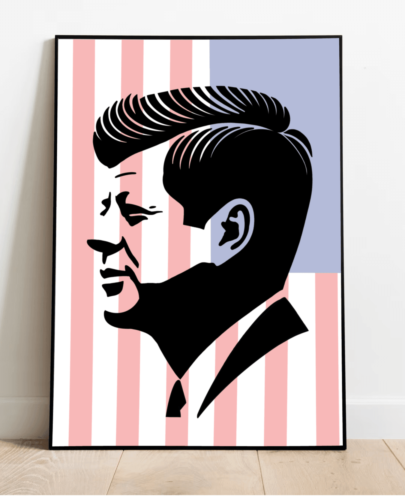Patriotic JFK silhouette print by KEOLIX featuring a black and white portrait of John F. Kennedy on a white background.