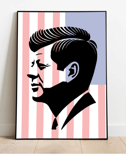 Patriotic JFK silhouette print by KEOLIX featuring a black and white portrait of John F. Kennedy on a white background.