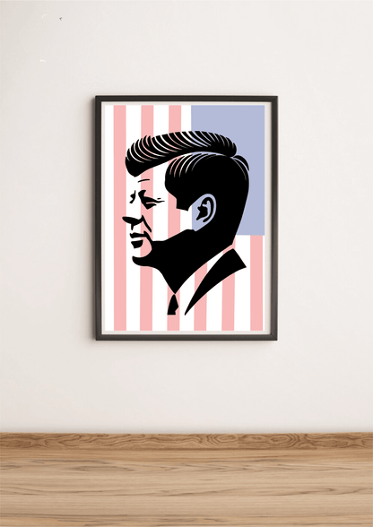 Patriotic JFK silhouette print by KEOLIX featuring a stylized image of John F. Kennedy with American flag elements.