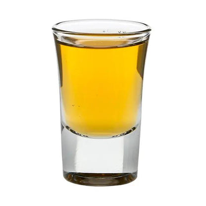 Set of six Glassware UK conical shot glasses, 35ml capacity, clear glass with smooth conical shape, on a white background.
