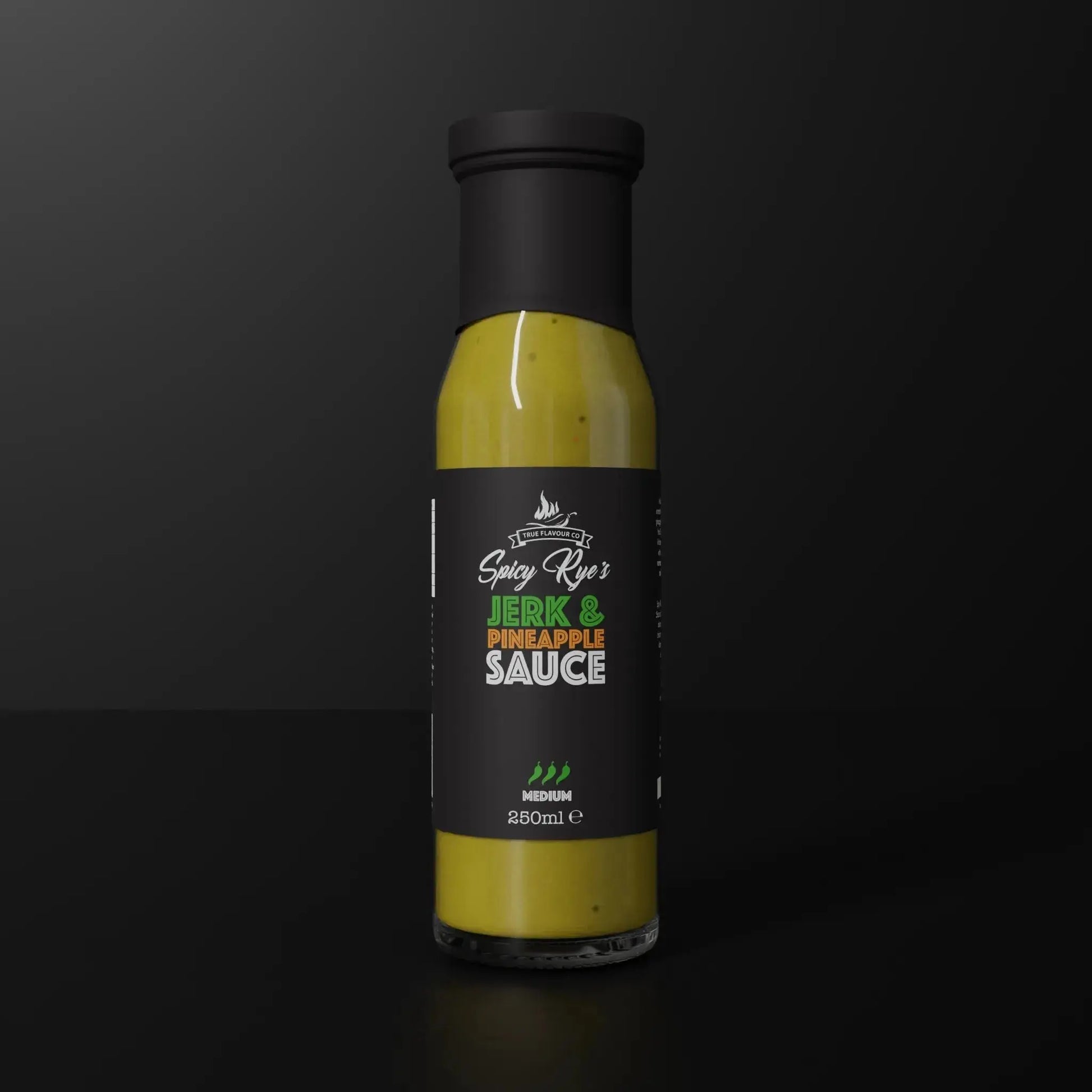 Spicy Ryes jerk and pineapple hot sauce bottle with vibrant label, showcasing the flavorful sauce inside.