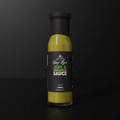 Spicy Ryes jerk and pineapple hot sauce bottle with vibrant label, showcasing the flavorful sauce inside.