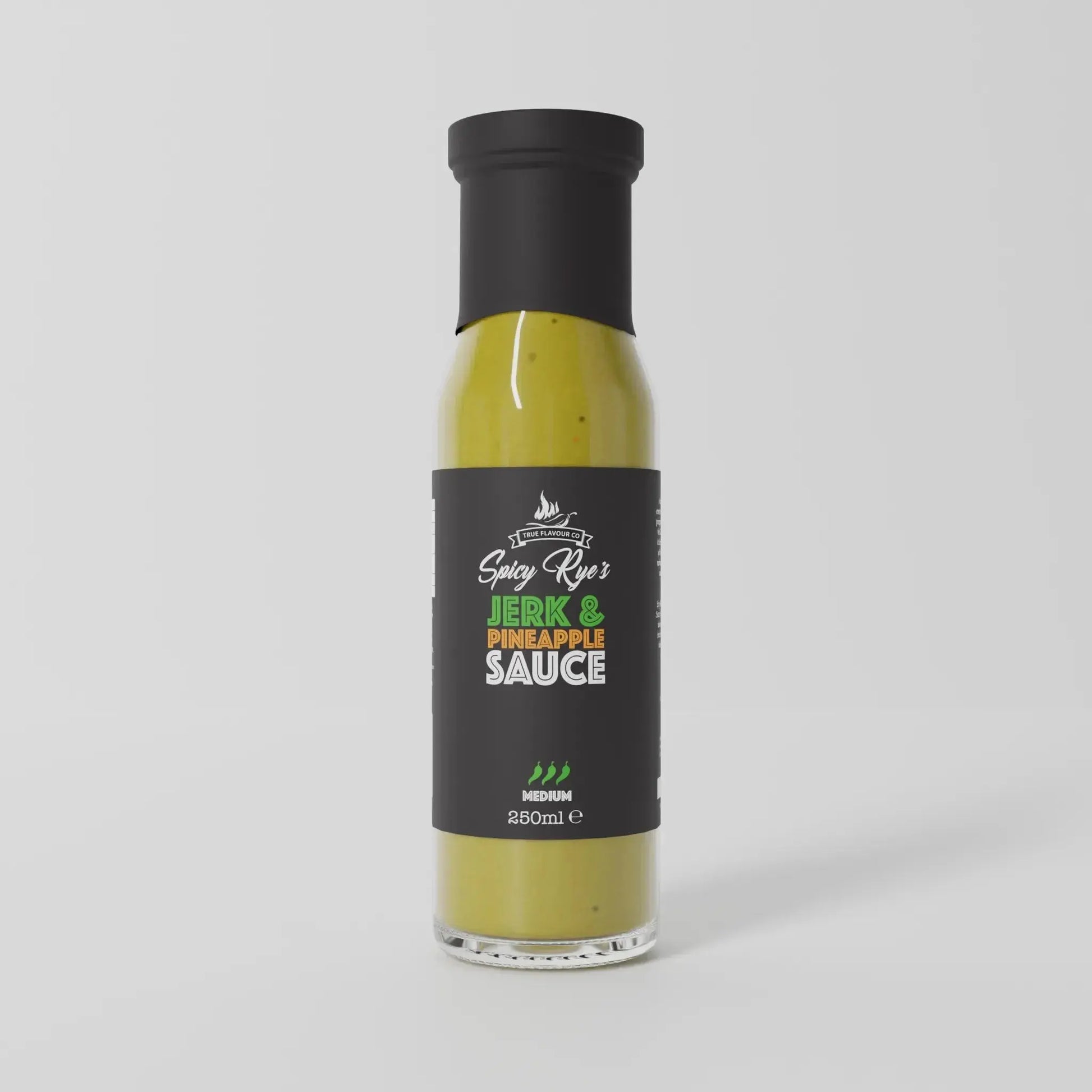 Spicy Ryes jerk and pineapple hot sauce bottle with vibrant label, showcasing the flavorful blend of jerk spices and pineapple.