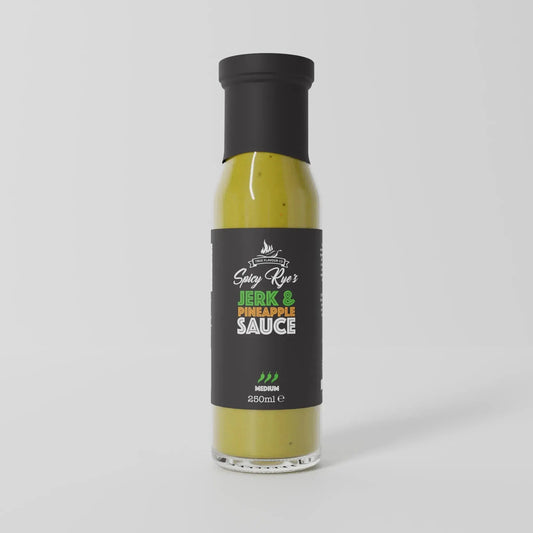 Spicy Ryes jerk and pineapple hot sauce bottle with vibrant label, showcasing the flavorful blend of jerk spices and pineapple.