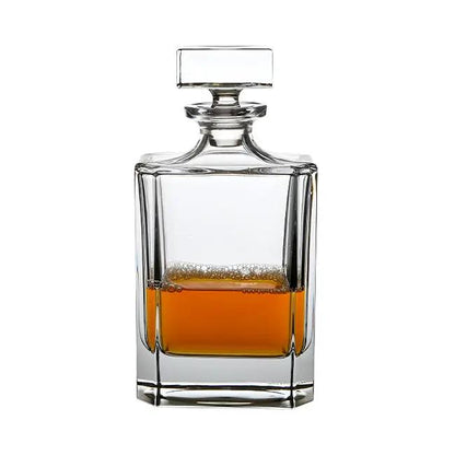 Crystal Spirit Square Decanter from Glassware UK, 0.7L capacity, clear glass with a square shape and stopper for spirits or liquor.