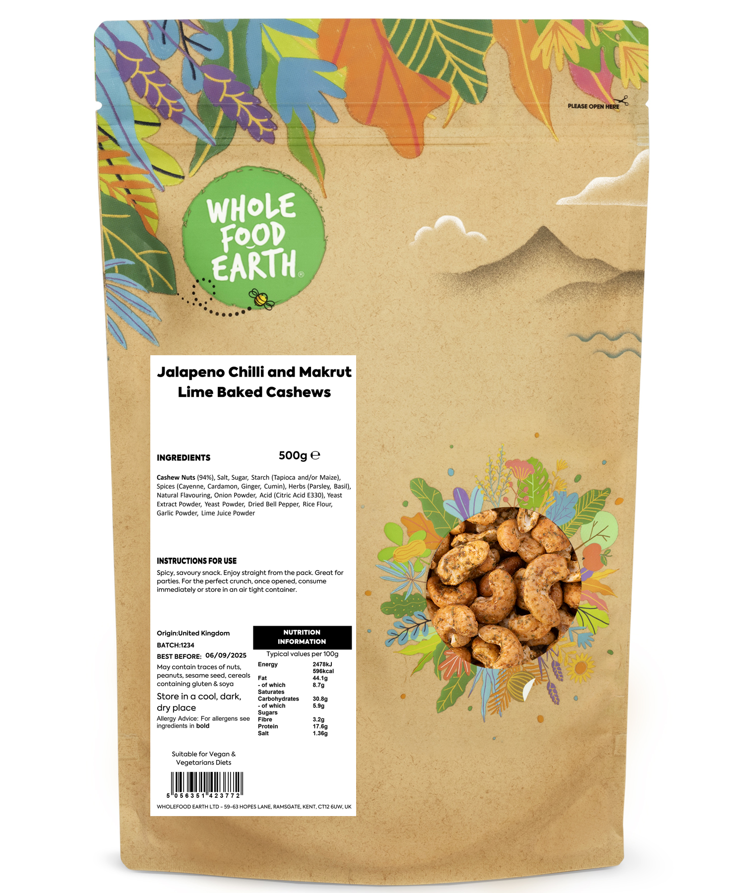 Bowl of Whole Food Earth Jalapeno Chilli and Makrut Lime Baked Cashews in a clear glass dish.