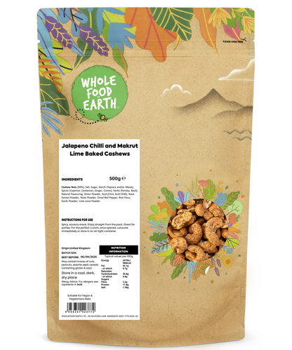 Bowl of Whole Food Earth Jalapeno Chilli and Makrut Lime Baked Cashews in a clear glass dish.