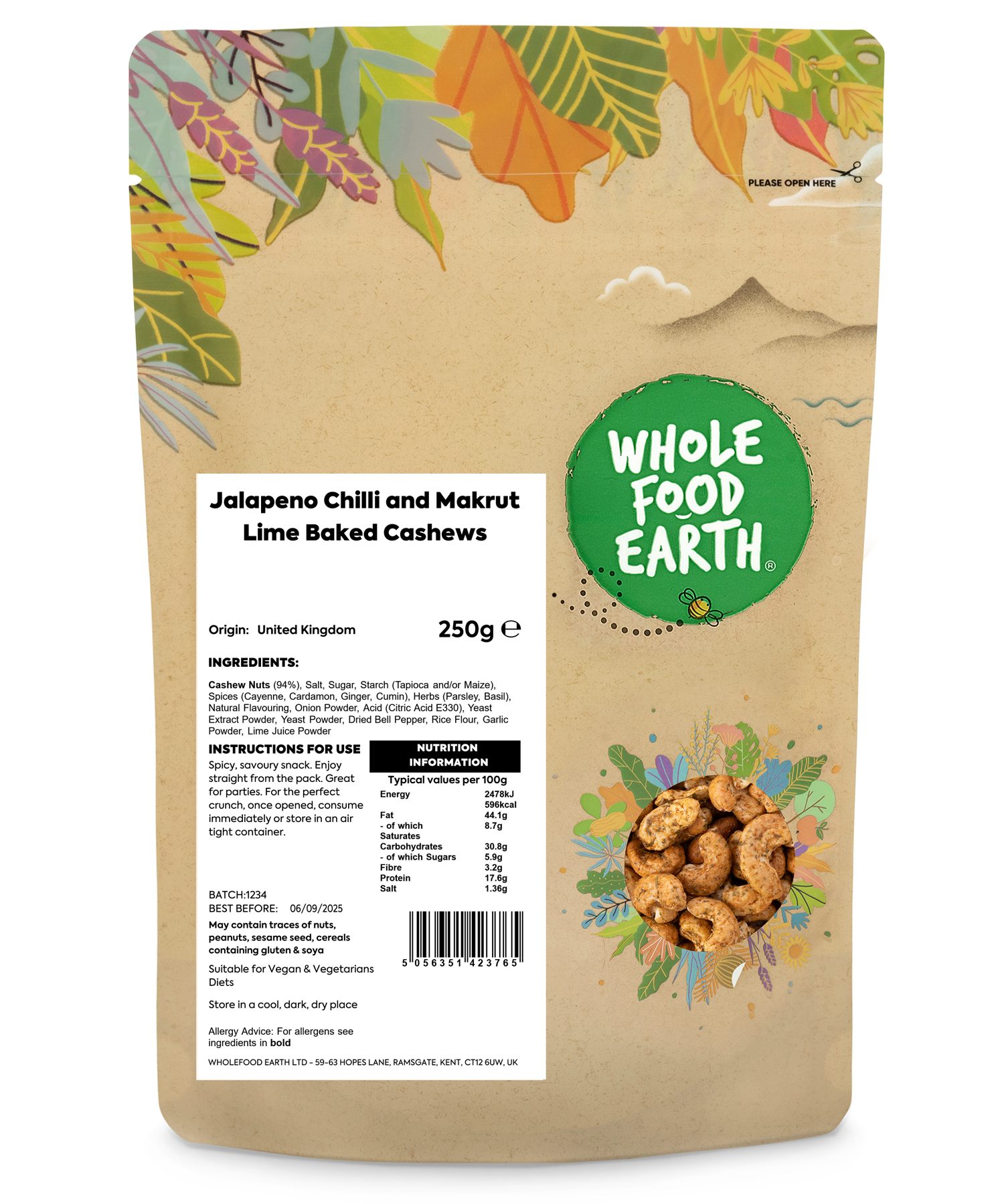 Baked cashews with jalapeno chili and makrut lime flavor from Whole Food Earth, displayed in a bowl with some cashews scattered around.