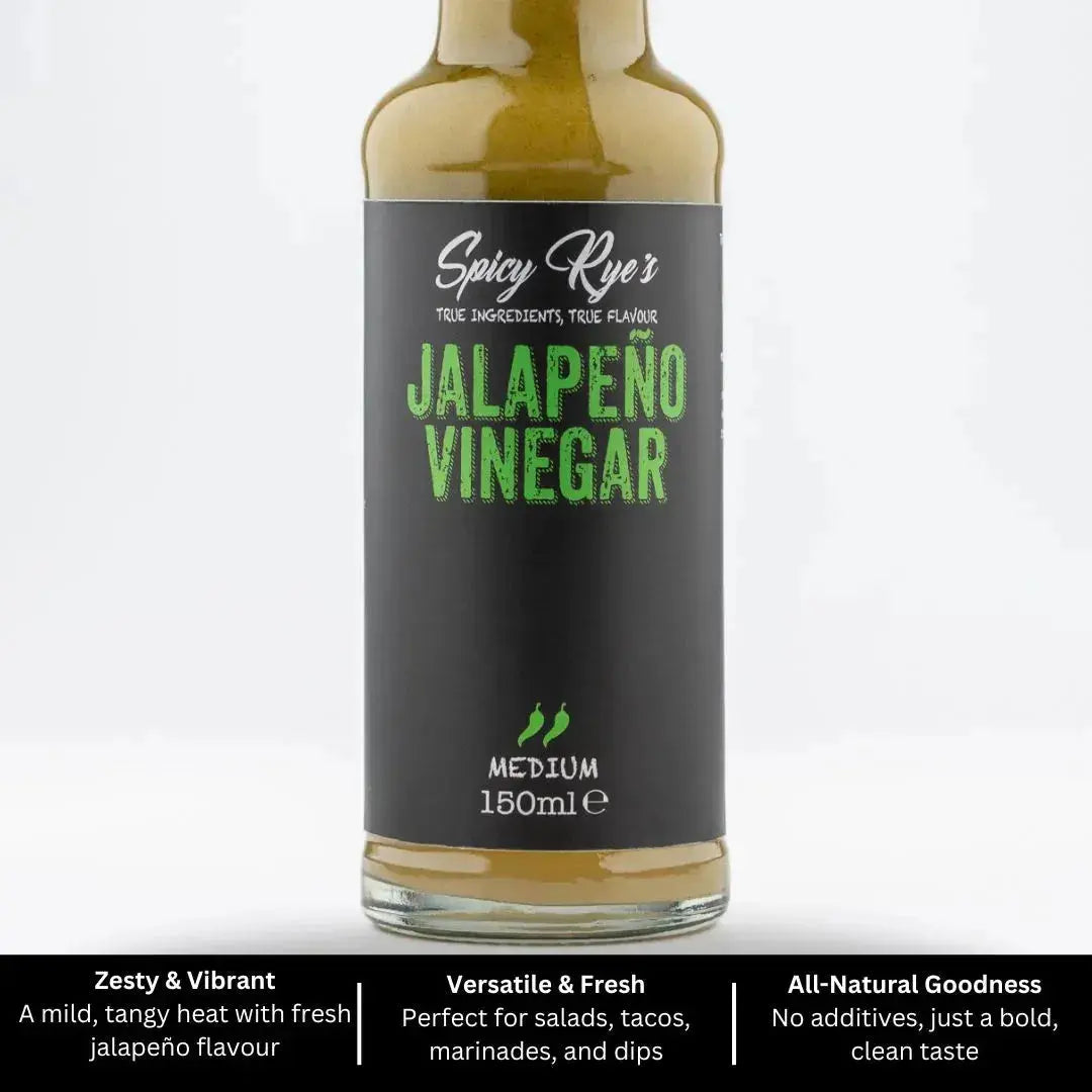 Spicy Ryes jalapeño vinegar bottle with vibrant green jalapeño peppers and clear liquid inside, showcasing the spicy condiment.