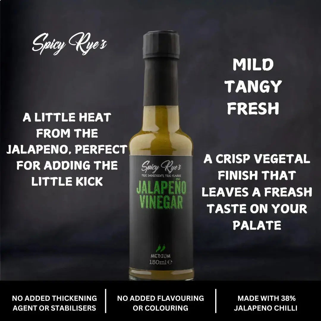 Spicy Ryes jalapeño vinegar bottle with fresh jalapeño peppers and vibrant label, ready for culinary use.