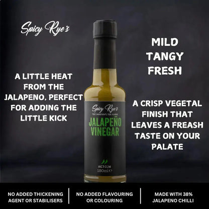 Spicy Ryes jalapeño vinegar bottle with fresh jalapeño peppers and vibrant label, ready for culinary use.