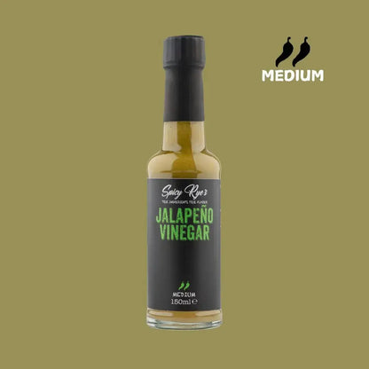 Spicy Ryes jalapeño vinegar in a glass bottle, showing fresh jalapeños and vibrant green liquid inside.