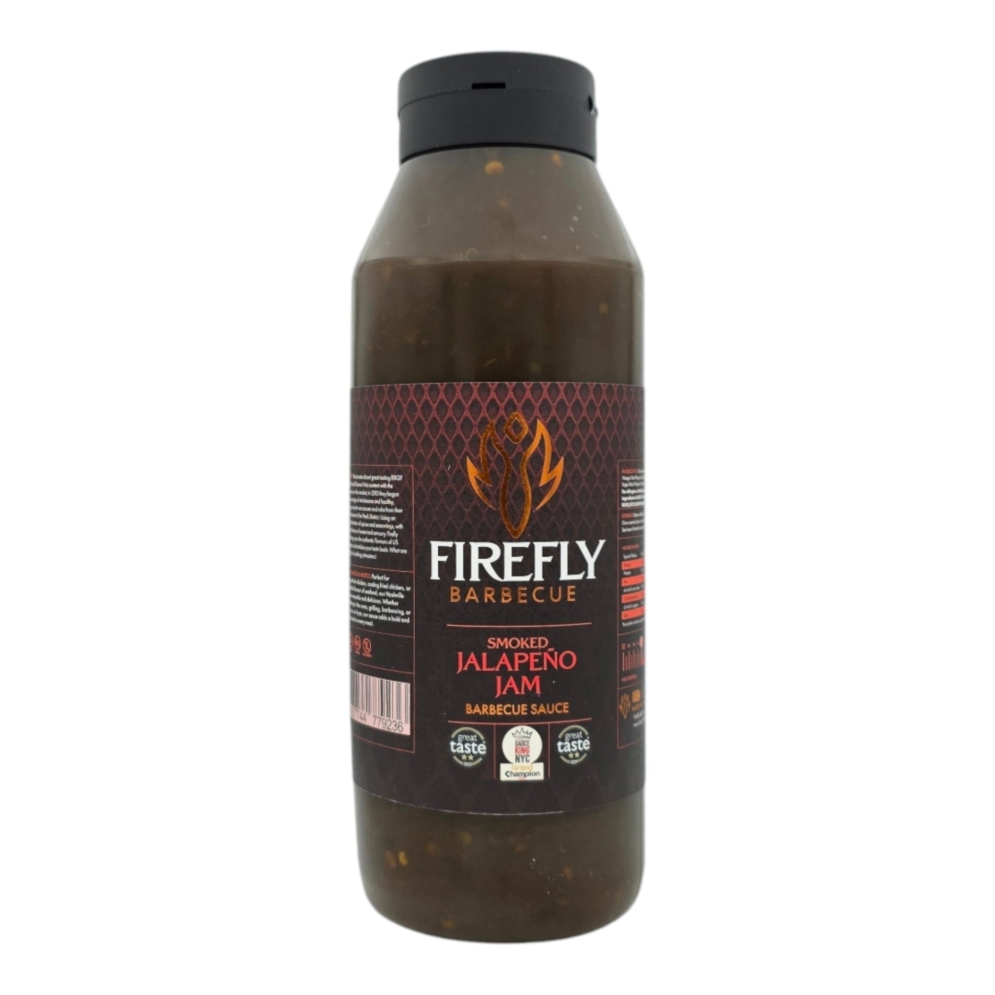 Spicy smoked jalapeño jam in a jar, vibrant green and red peppers visible, perfect for hot sauce and condiment lovers.