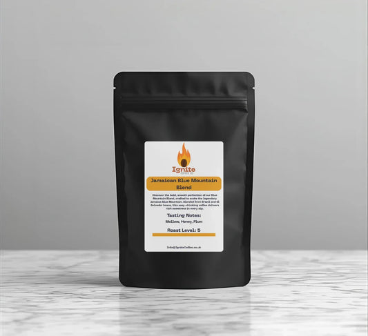 Blue Mountain Blend coffee beans in a bag by Ignite Coffee Co, showcasing smooth, sweet, and balanced Jamaican Blue Mountain coffee