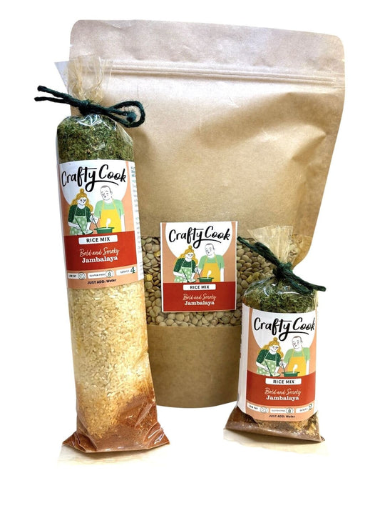 Gluten-free jambalaya rice mix by Crafty Cook, featuring seasoned rice with vegetables and spices in a ready-to-cook packet.