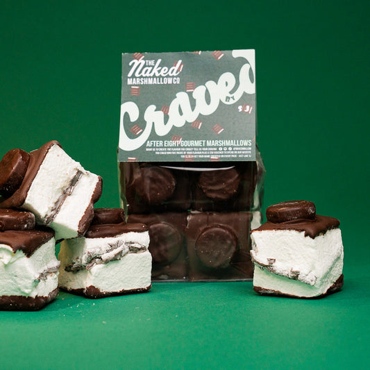 After Eight Gourmet Marshmallows by THE MARSHMALLOW FACTORY, featuring soft, chocolate-filled marshmallows on a white background
