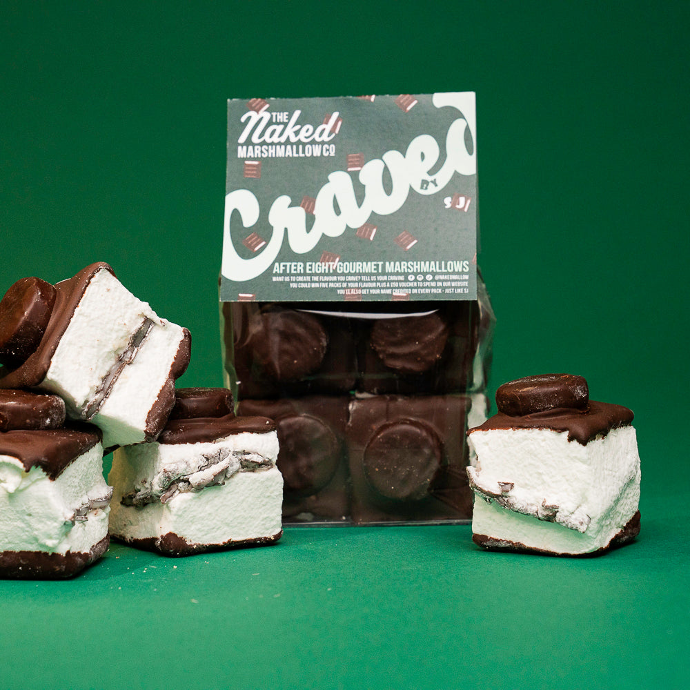 Assorted 'Craved' Edition gourmet marshmallows from THE MARSHMALLOW FACTORY, with colorful, fluffy marshmallows in a clear container.