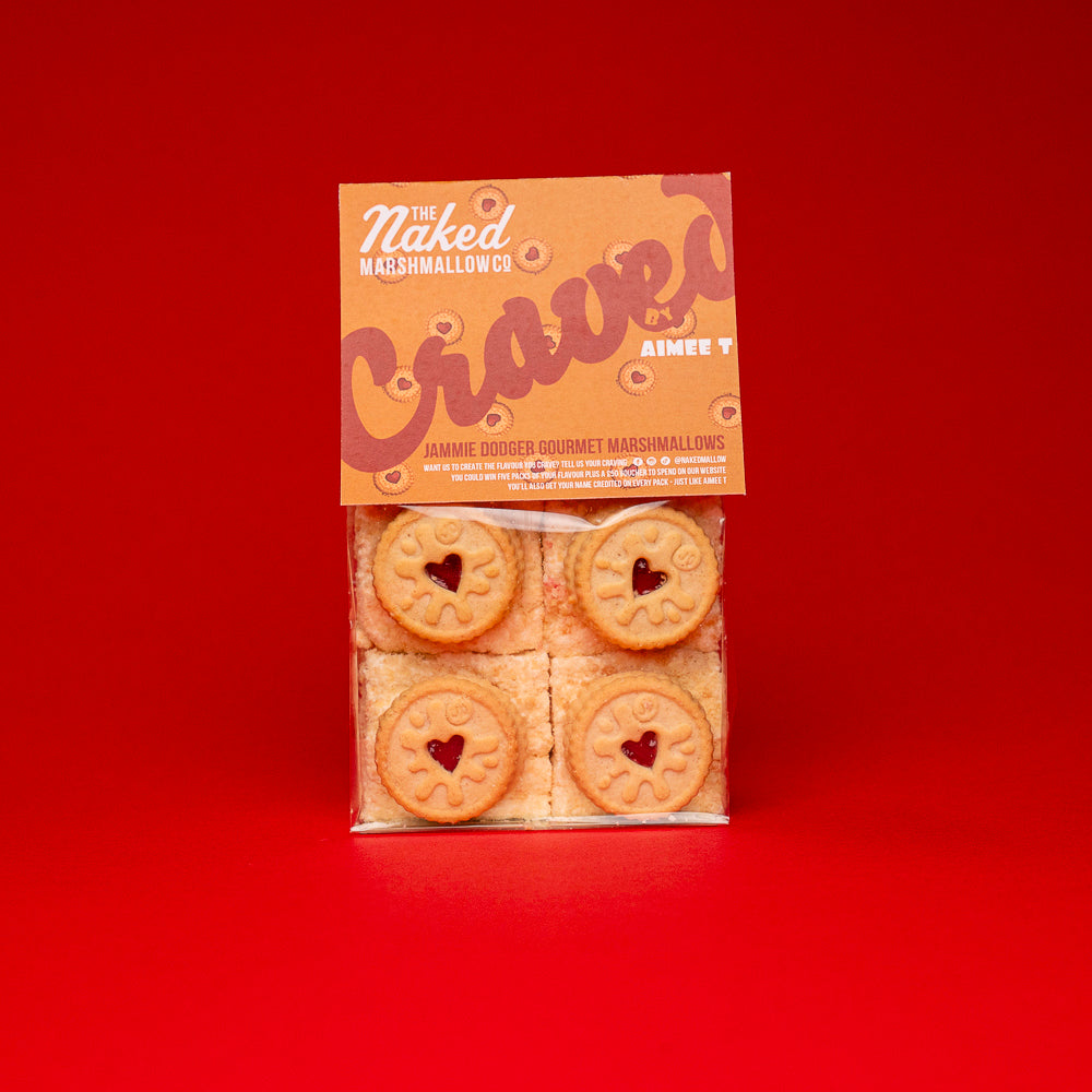Jammie Dodger gourmet marshmallows from THE MARSHMALLOW FACTORY, featuring soft marshmallow with Jammie Dodger biscuit flavor and design.