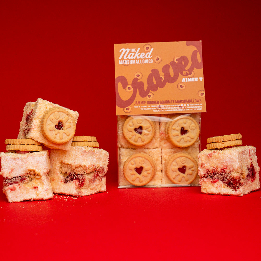Gourmet Jammie Dodger marshmallows by THE MARSHMALLOW FACTORY, soft marshmallows with Jammie Dodger cookie flavor and filling.