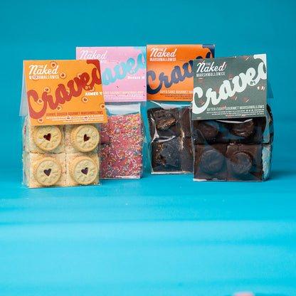 Assorted Craved Edition gourmet marshmallows from THE MARSHMALLOW FACTORY in colorful packaging, showcasing a variety of flavored marshmallows.