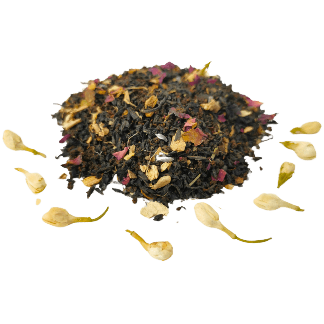 Loose leaf Jasmine Masala Chai black tea from Porter Hill Tea Company with fragrant jasmine and aromatic spices.