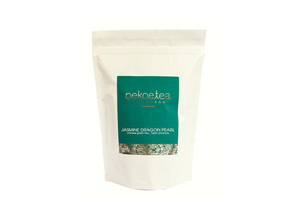 PekoeTea Edinburgh Jasmine Dragon Pearl Green Tea in 250g package, featuring hand-rolled green tea pearls with jasmine blossoms.