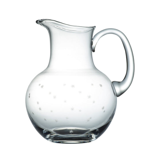 Large crystal water jug with star design by The Vintage List, featuring a clear glass body and decorative star patterns.