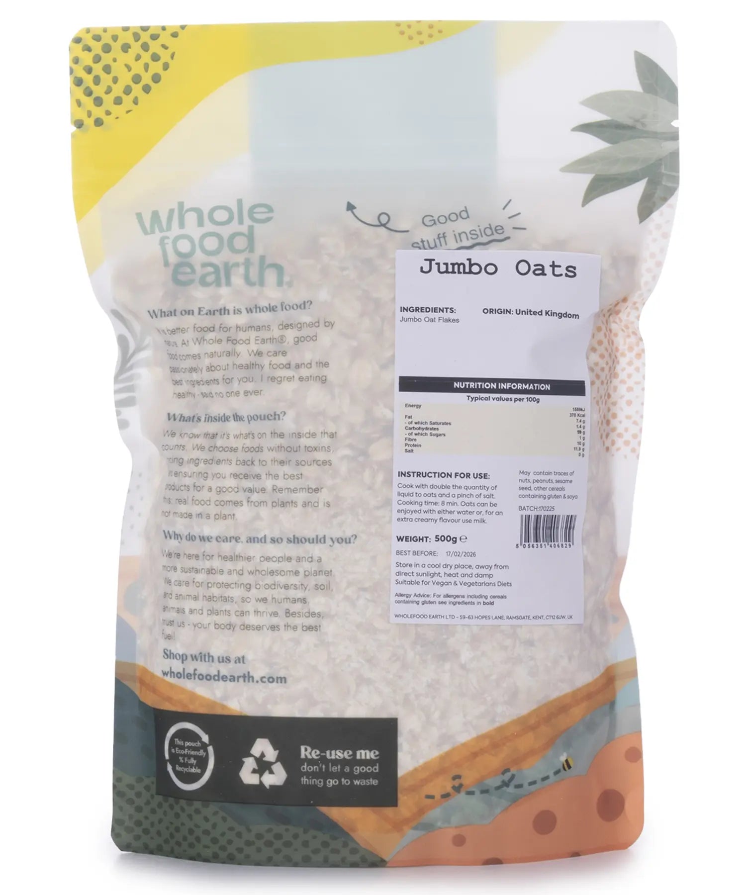 Whole Food Earth Jumbo Oats cereal in a 500g package, showing the textured oats ready for breakfast.